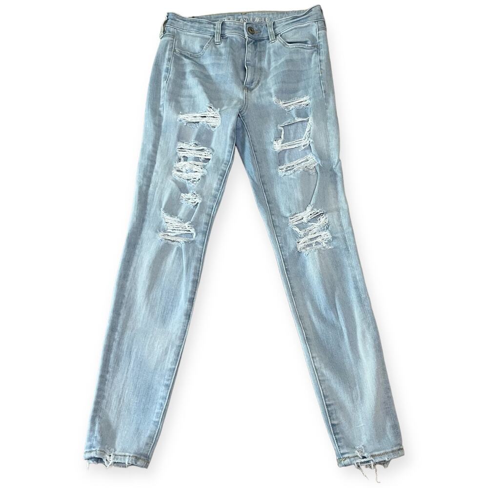 American Eagle Light Wash Distressed Super Hi-Rise Jegging Crop Jeans Sz‎ 4